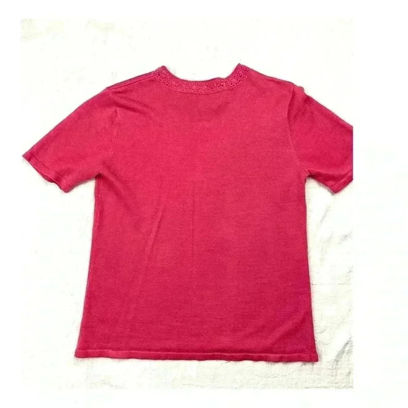 Sag Harbour Women's Coral Soft Sweater Top Medium Short Sleeve Crocheted Trim - Picture 2 of 11